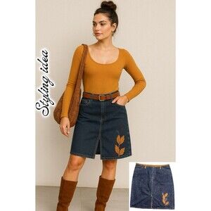 Vintage Faded Glory Denim Skirt 18W Embroidered Fall Y2K Boho Cottagecore